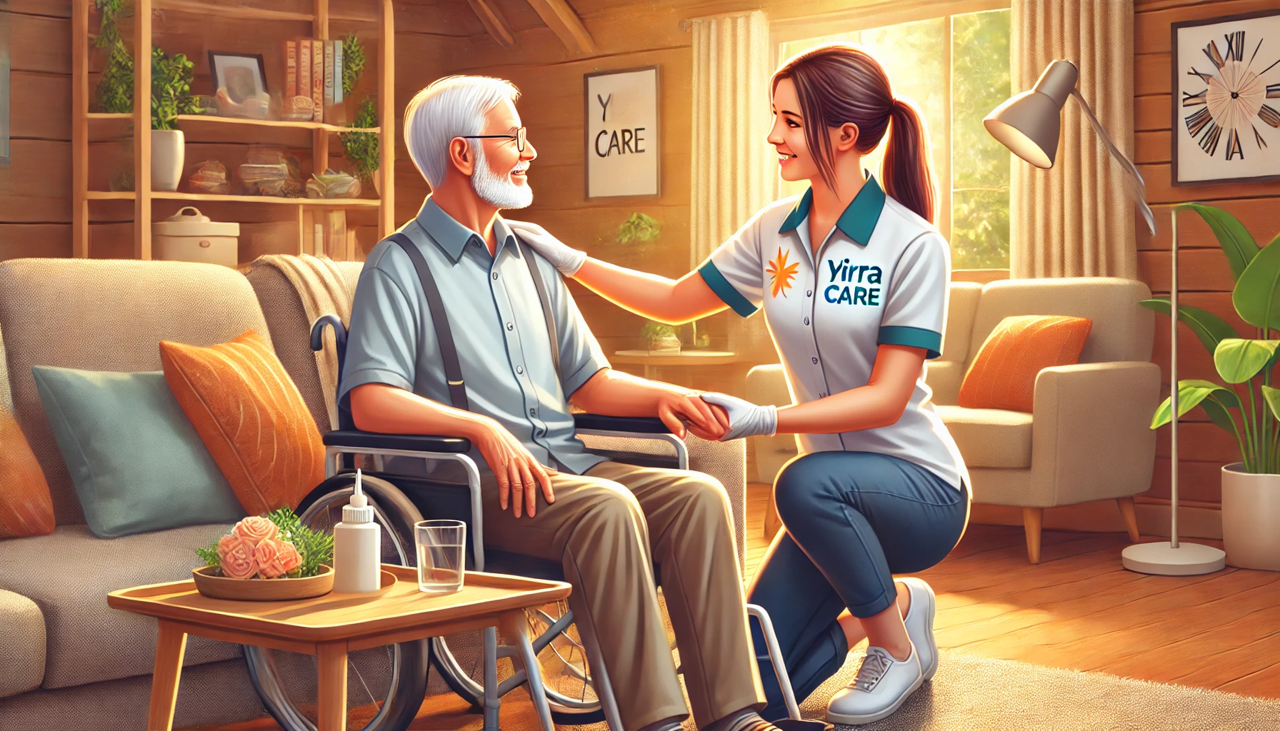 A compassionate in-home caregiver from Yirra Care assisting a person with a disability in a cosy living room. The caregiver is wearing a uniform with the "Yirra Care" logo, while the patient is dressed in plain clothing. The scene highlights trust and care, with natural lighting, comfortable furniture, and personal touches like books and plants, symbolising professionalism and empathy in caregiving.