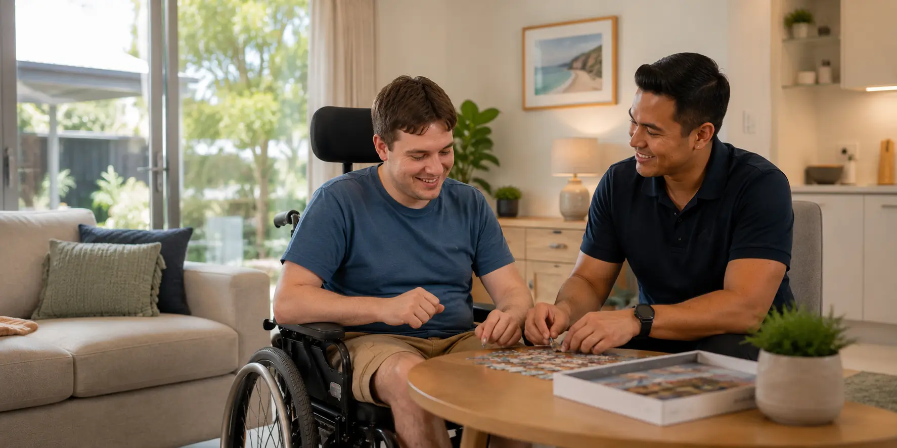 Australian support worker assisting a participant with disability during ndis respite care in a comfortable Brisbane home