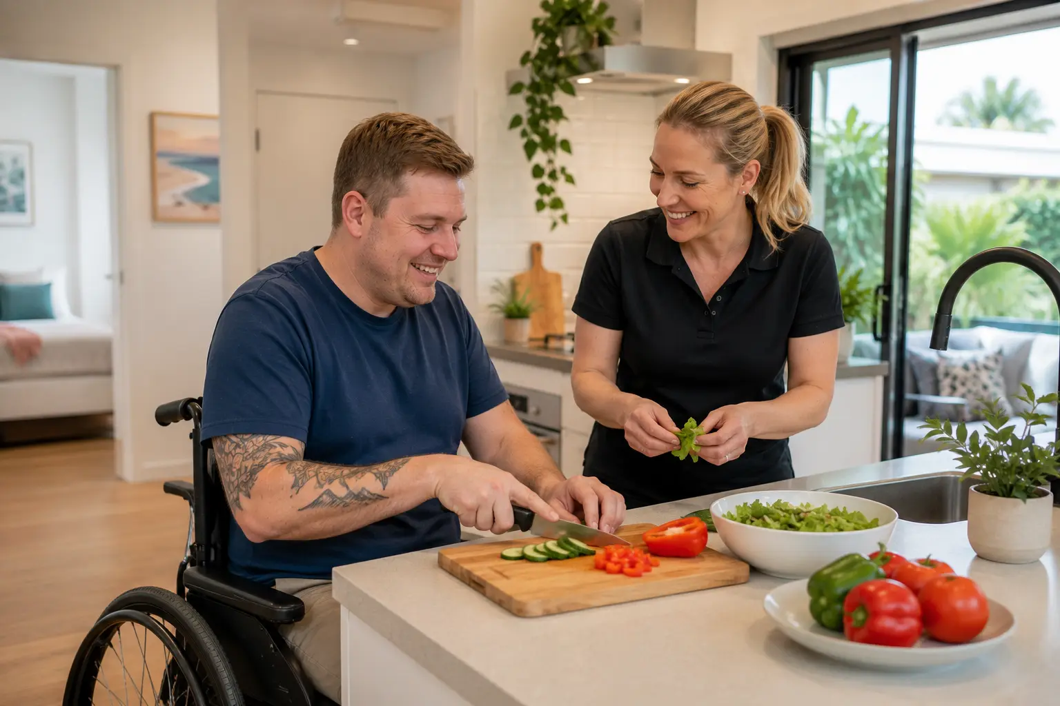 Support worker assisting NDIS participant at inclusive community activity for social activities for disabilities brisbane