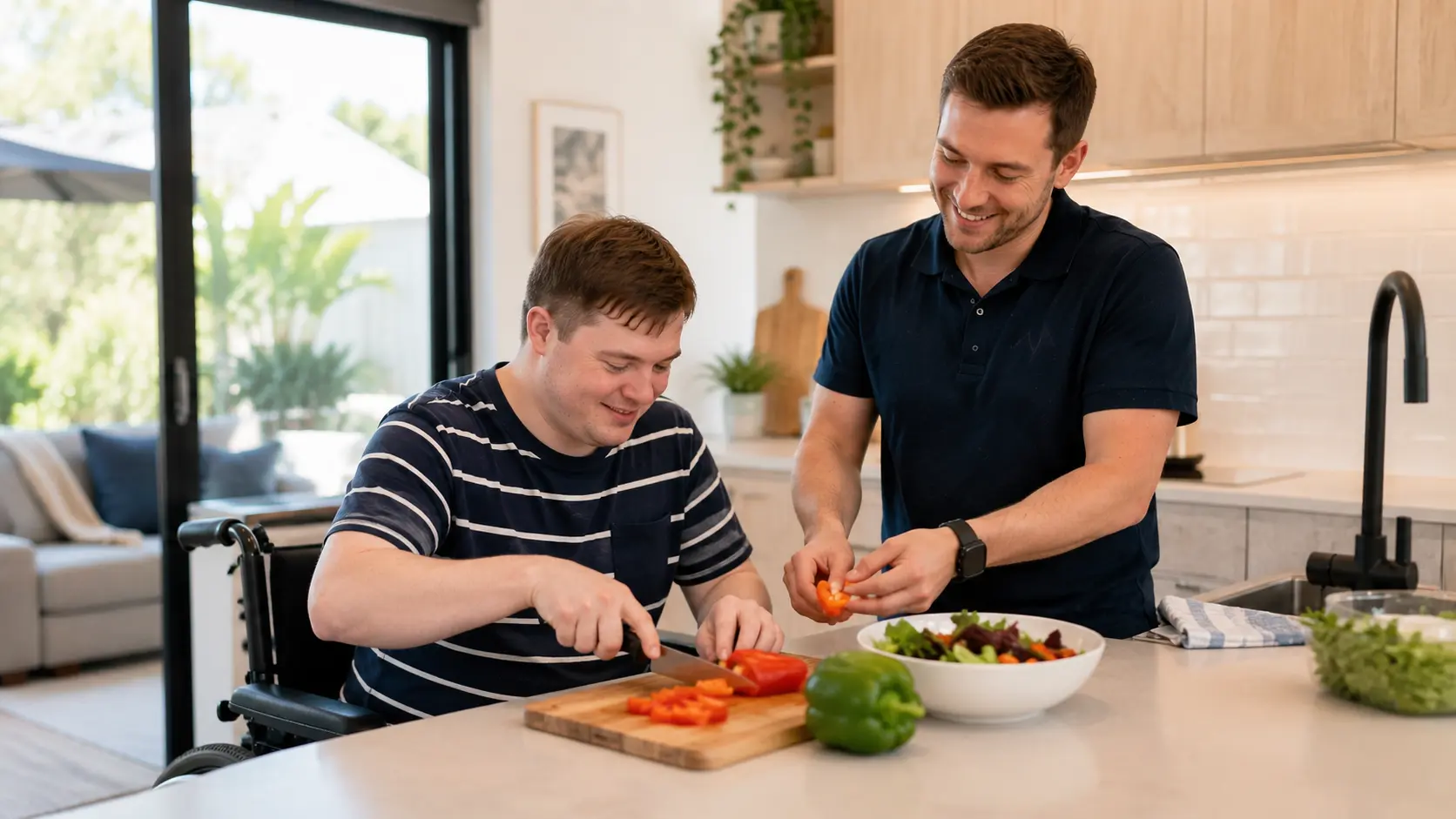 Support worker helping NDIS participant prepare a meal at home for supported independent living ndis