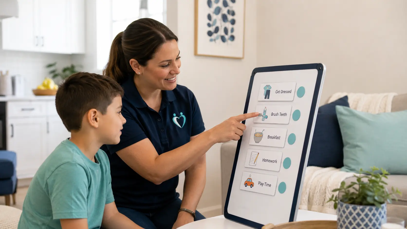 Support worker helping a child follow a visual routine at home for in home support adhd