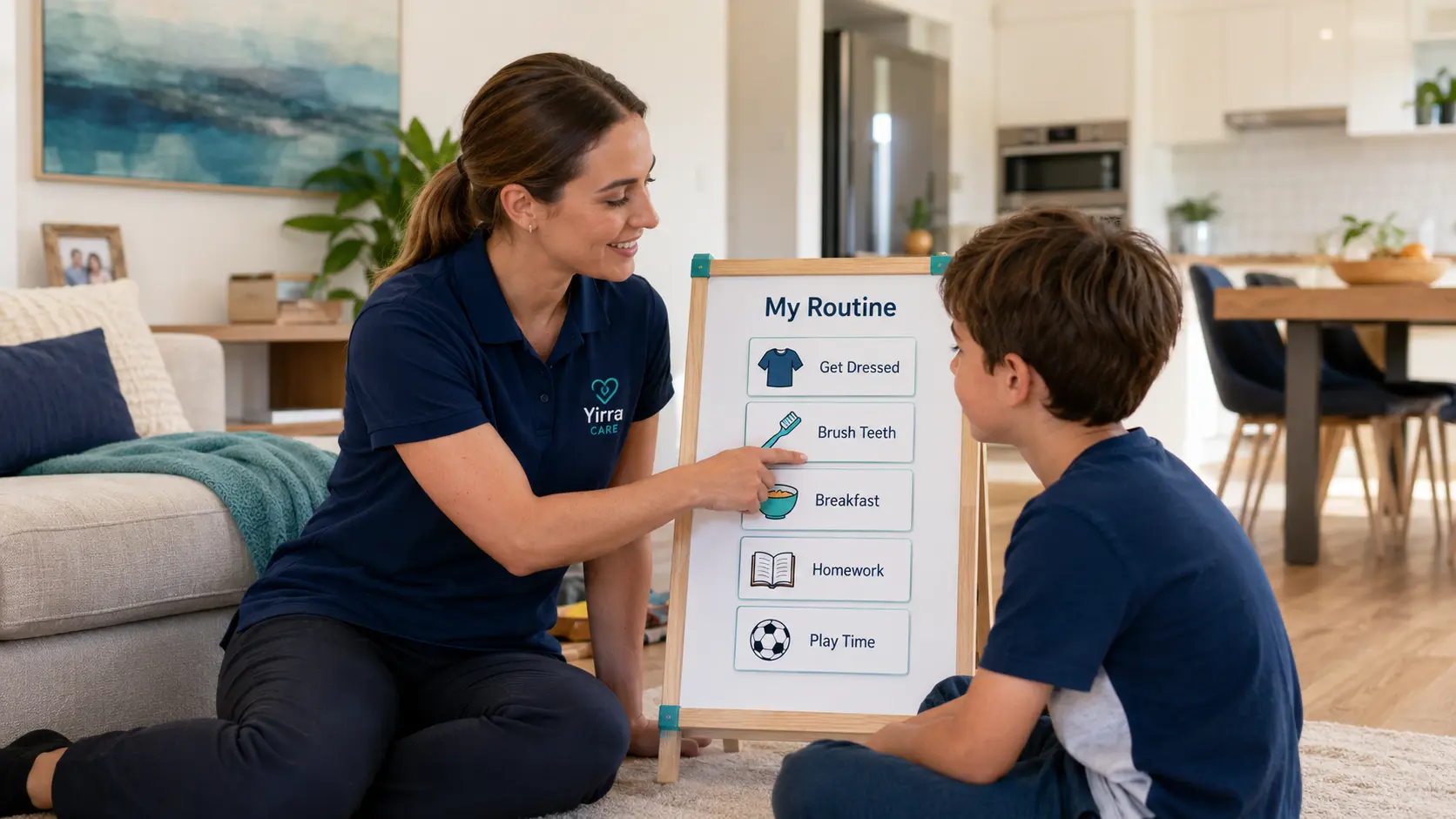 Support worker helping a child follow a visual routine at home for in home support adhd