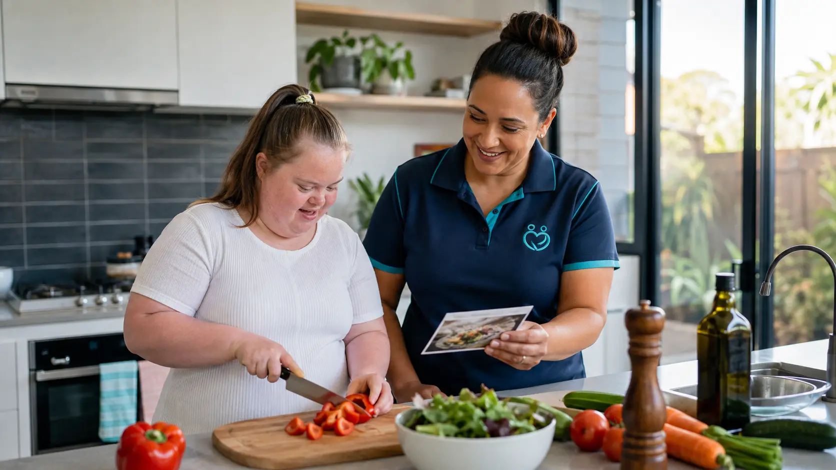 Support worker helping an NDIS participant practise cooking skills at home for ndis life skills development