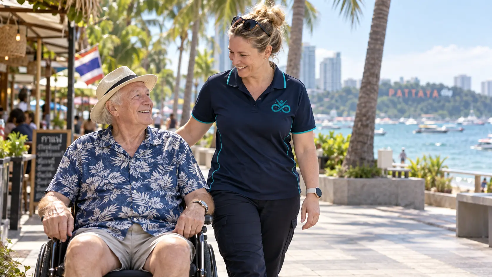 Accessible support in Pattaya for an older adult enjoying a community outing with a support person