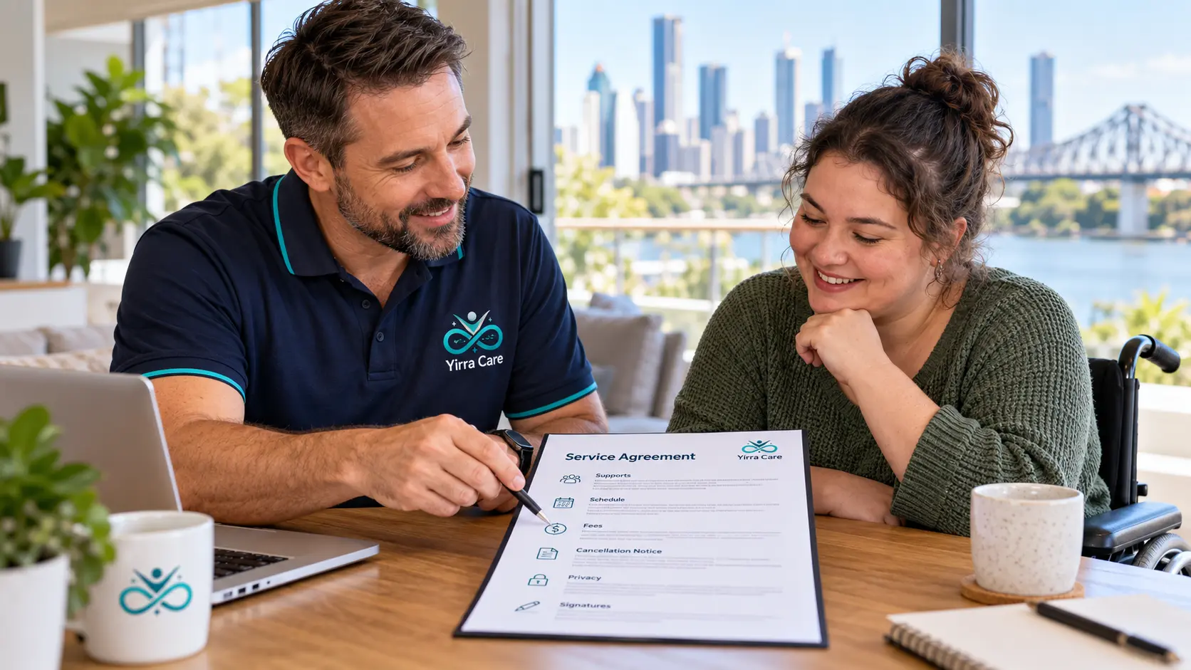 NDIS service agreement Brisbane participant and support provider reviewing support terms before signing